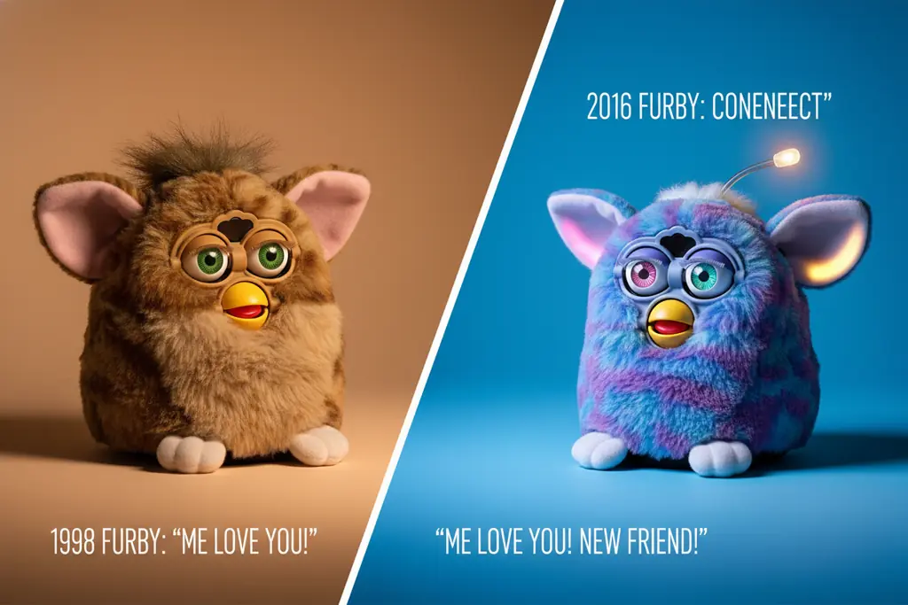 Side-by-side comparison of 1998 and modern Furby