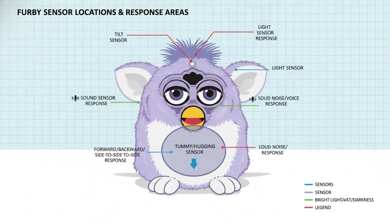 Diagram of Furby sensors and response areas