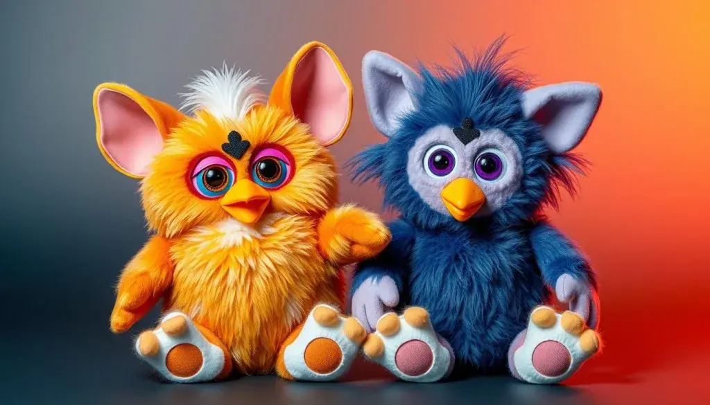 Furby and Gizmo sitting side by side in friendly pose, symbolizing their connection Furby and Gizmo sitting side by side in friendly pose, symbolizing their connection