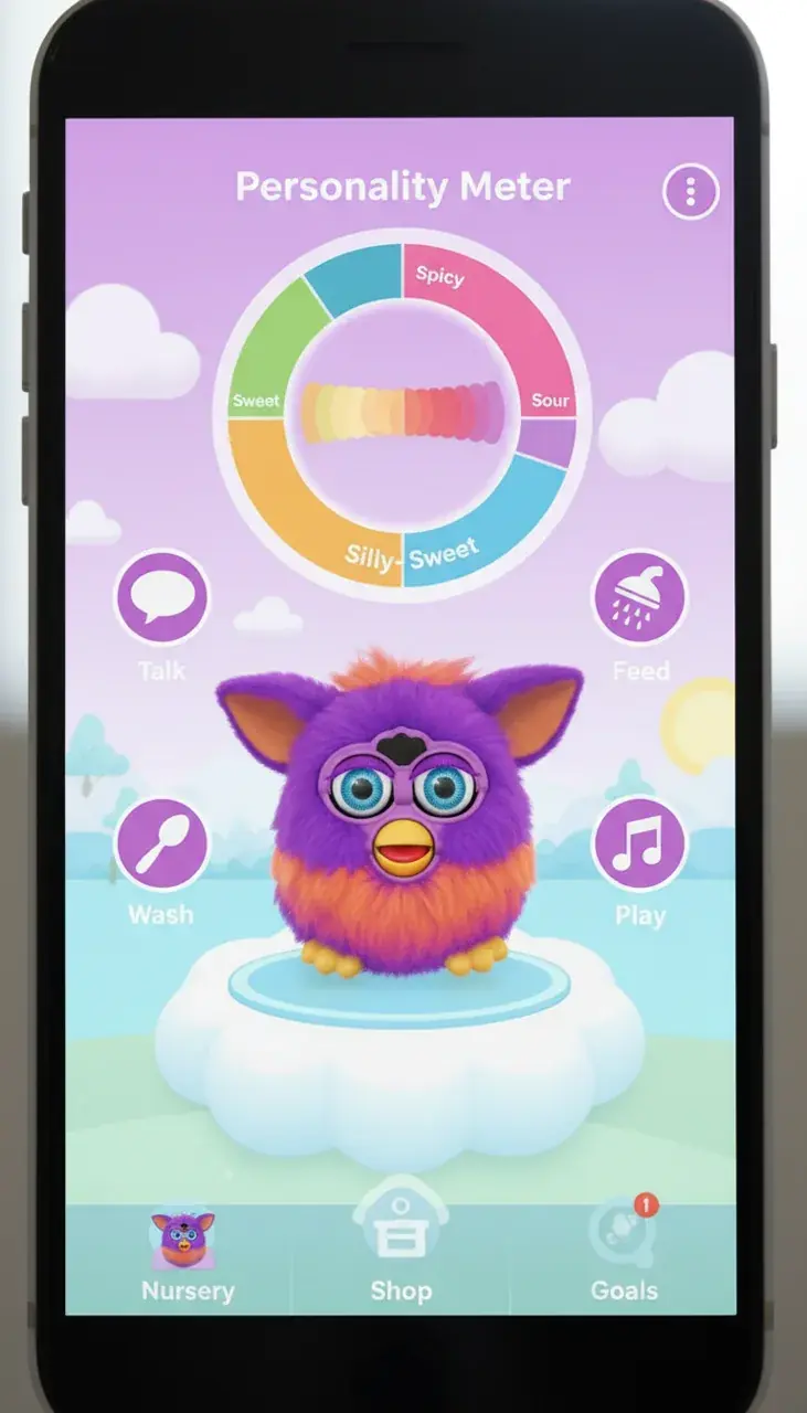 Furby Boom app interface showing personality tracking