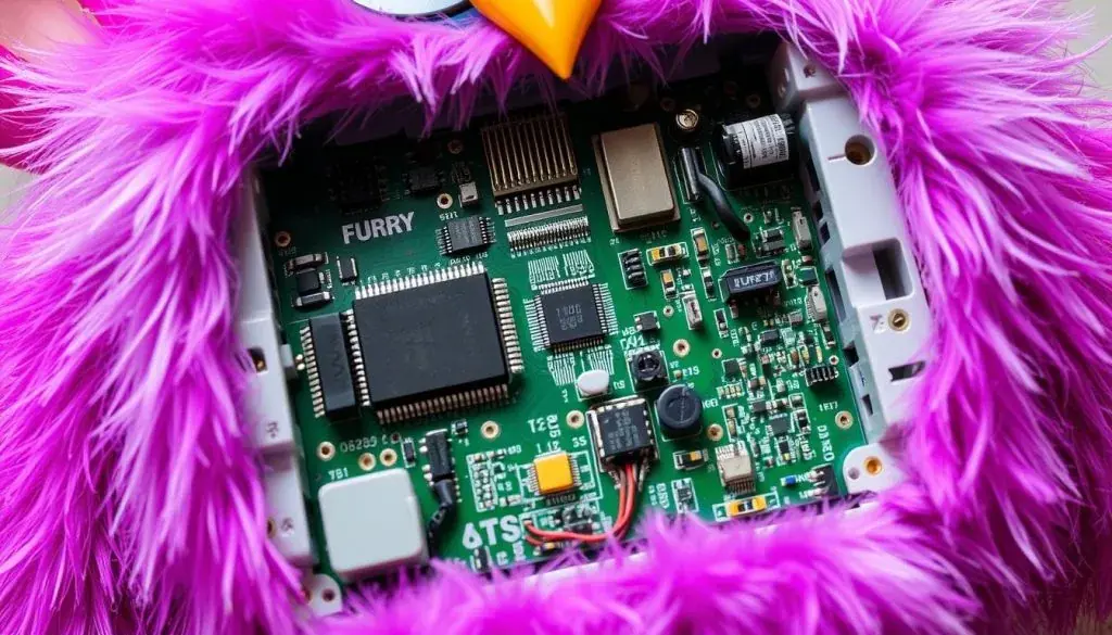 Internal components of an original Furby showing technology