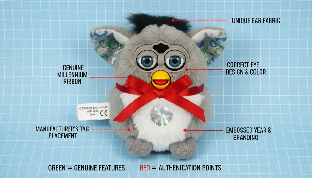 Authentication details for a Millennium Furby showing tag, ribbon, and fur texture up close