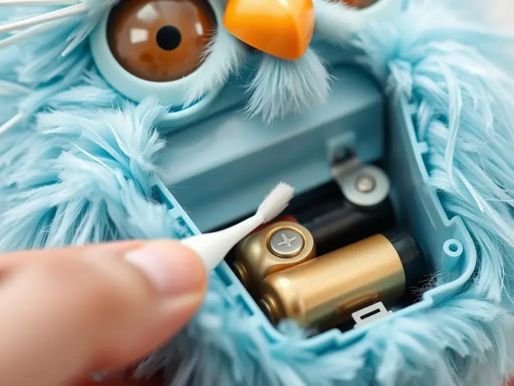 Furby battery compartment maintenance showing care for vintage furby