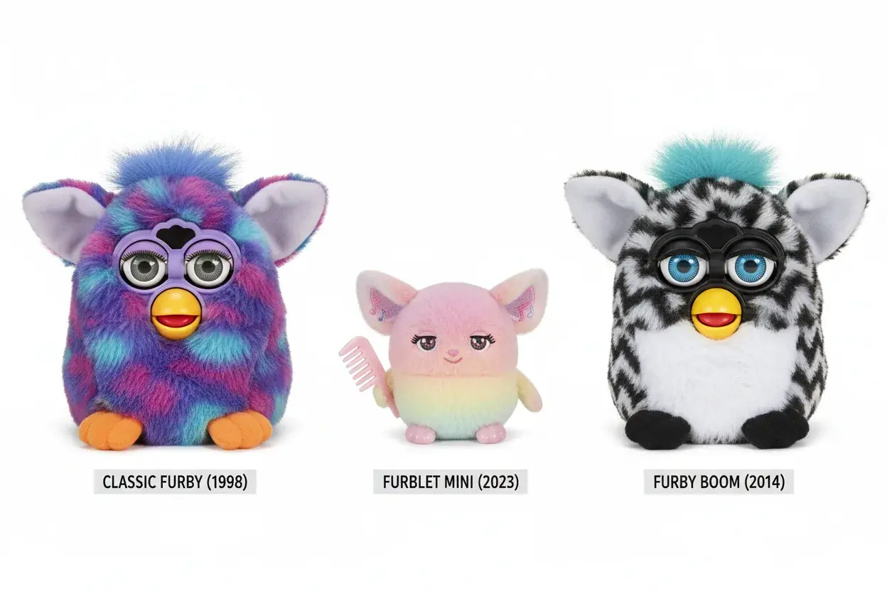 Different types of Furby toys arranged to show variety and options available