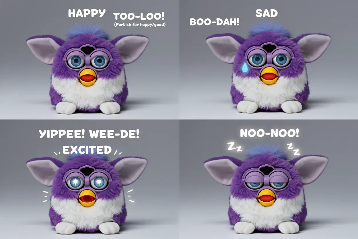 Furby displaying various emotions through language