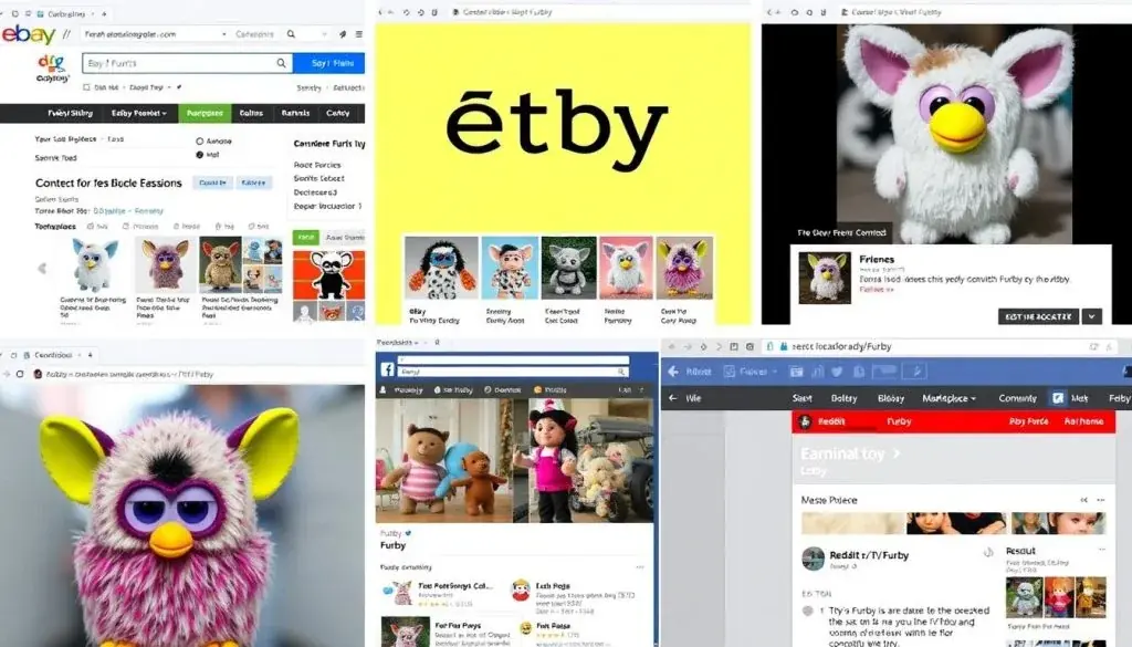Collage of various Furby selling platforms showing where to sell furby online