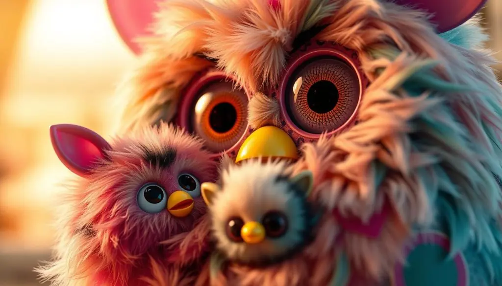 A highly detailed, photorealistic close-up image of a 2023 Furby and its smaller Furby Furblet companion, with a warm, inviting lighting that highlights their soft, plush textures and vibrant colors. The Furby's eyes are wide and expressive, conveying a sense of wonder and curiosity, while the Furblet nestles close by, its miniature form exuding a playful, endearing presence. The scene is set against a slightly blurred, softly-lit background, drawing the viewer's attention to the main subjects and their delightful interaction.