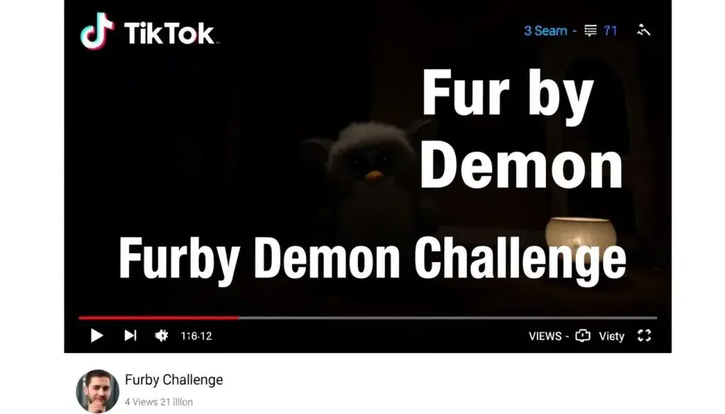 Screenshot of a TikTok furby demon challenge showing a modified Furby