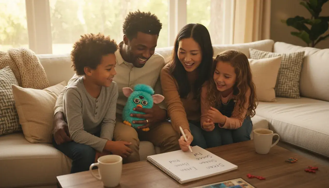 family gathered together choosing furby name