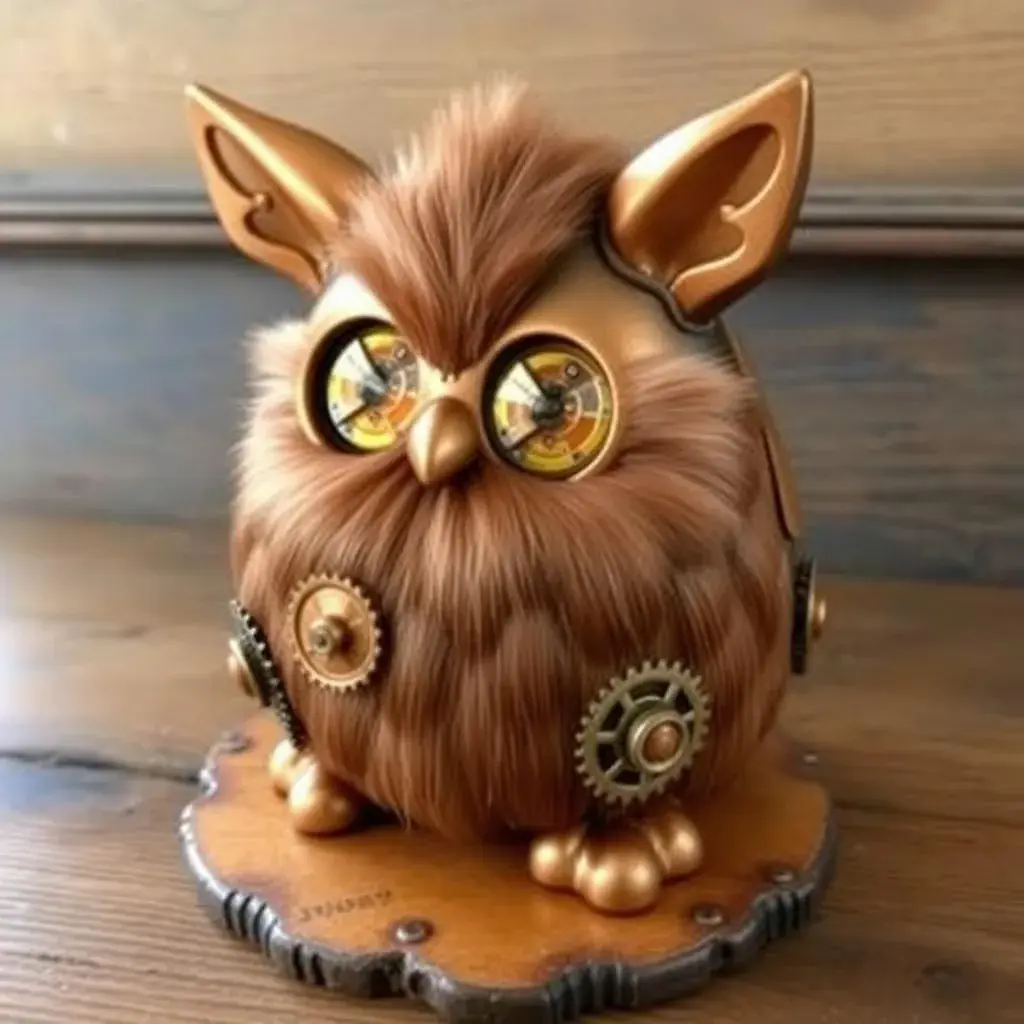 Steampunk-styled Shelby Furby with bronze and copper accents