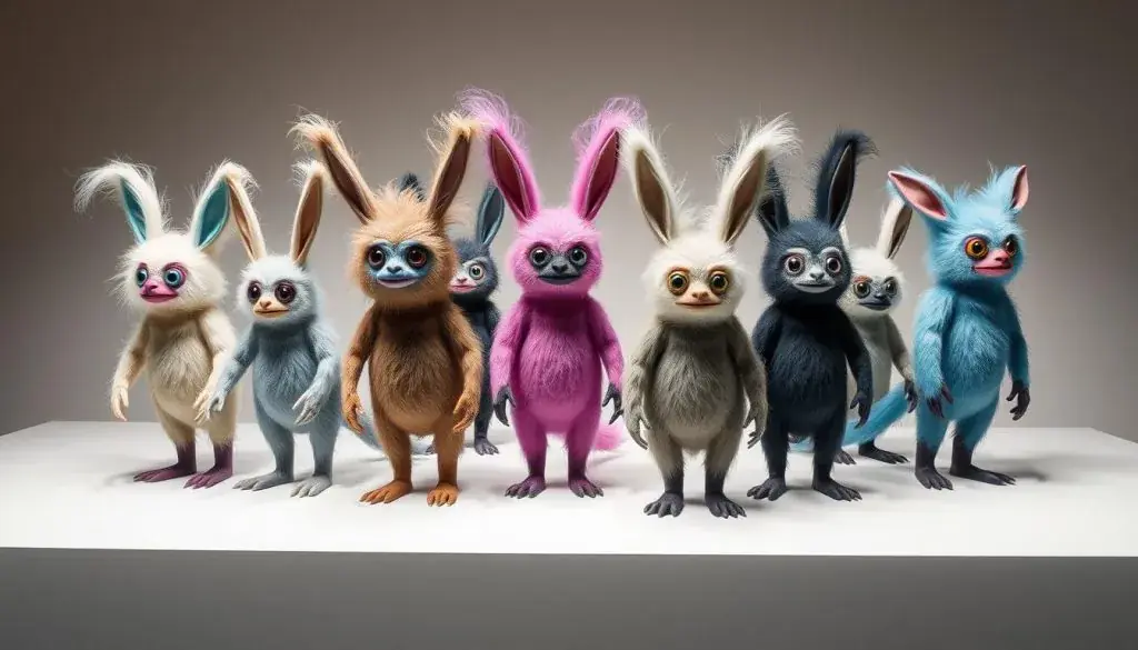 A collection of modified 'Long Furbies' created by artists to deliberately enhance the furby creepy aesthetic
