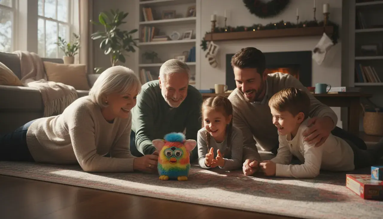 Happy family enjoying Furby together showing successful interaction
