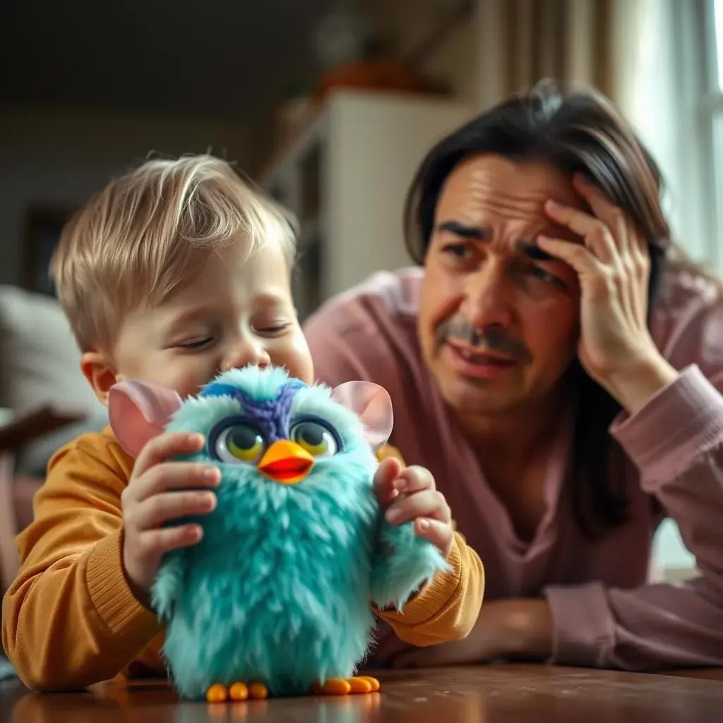 A child playing with a Furby while an adult looks concerned, showing the generational divide in reactions to the furby creepy phenomenon