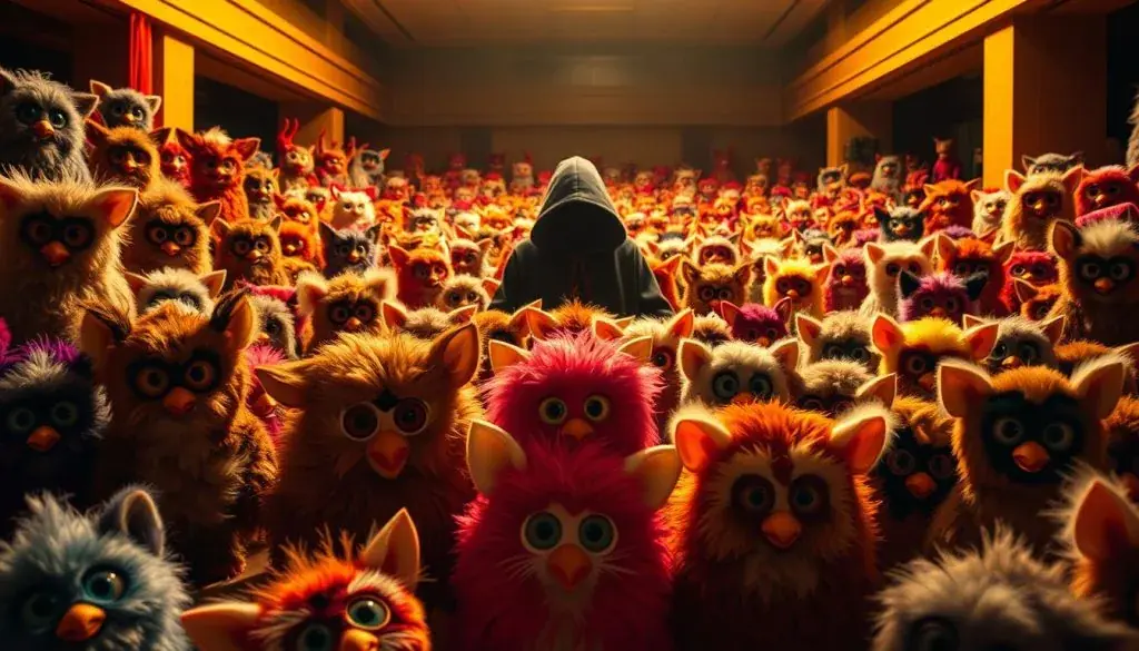 A vibrant, historical tableau depicting the evolution of the iconic Furby toy. In the foreground, a chaotic display of original Furby models from the 1990s, each with its distinct fur, eyes, and distinctive electronic chatter. In the middle ground, a horde of Furbies from the 2000s and 2010s, showcasing the toy's design iterations and technological advancements. In the distant background, a shadowy, ominous figure emerges, hinting at the sinister urban legends and paranormal associations that have surrounded the Furby over the decades. The scene is illuminated by a warm, golden light, casting a nostalgic glow over the entire composition. Captured with a wide-angle lens, the image conveys a sense of breadth and depth, inviting the viewer to immerse themselves in the whimsical yet unsettling history of this beloved, yet often misunderstood, toy. A vibrant, historical tableau depicting the evolution of the iconic Furby toy. In the foreground, a chaotic display of original Furby models from the 1990s, each with its distinct fur, eyes, and distinctive electronic chatter. In the middle ground, a horde of Furbies from the 2000s and 2010s, showcasing the toy's design iterations and technological advancements. In the distant background, a shadowy, ominous figure emerges, hinting at the sinister urban legends and paranormal associations that have surrounded the Furby over the decades. The scene is illuminated by a warm, golden light, casting a nostalgic glow over the entire composition. Captured with a wide-angle lens, the image conveys a sense of breadth and depth, inviting the viewer to immerse themselves in the whimsical yet unsettling history of this beloved, yet often misunderstood, toy.