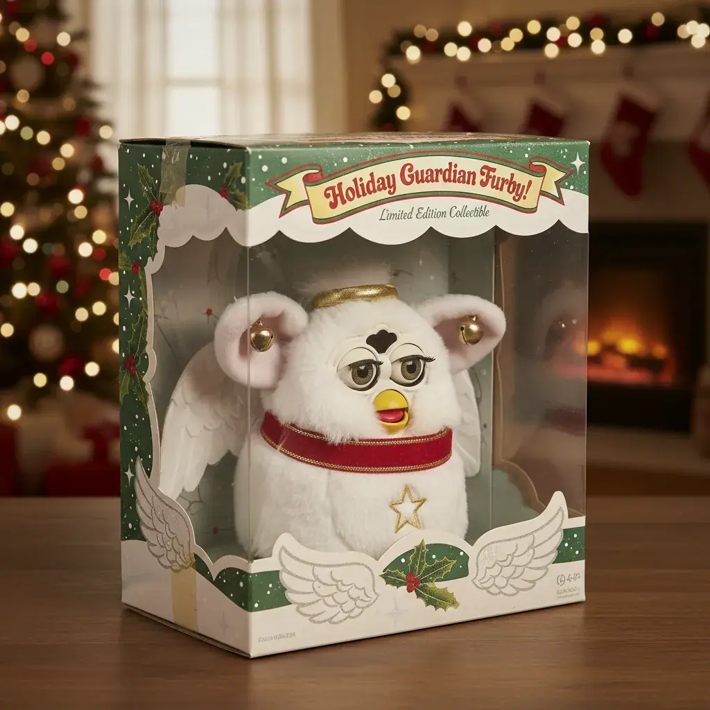 Angel Furby in holiday themed packaging