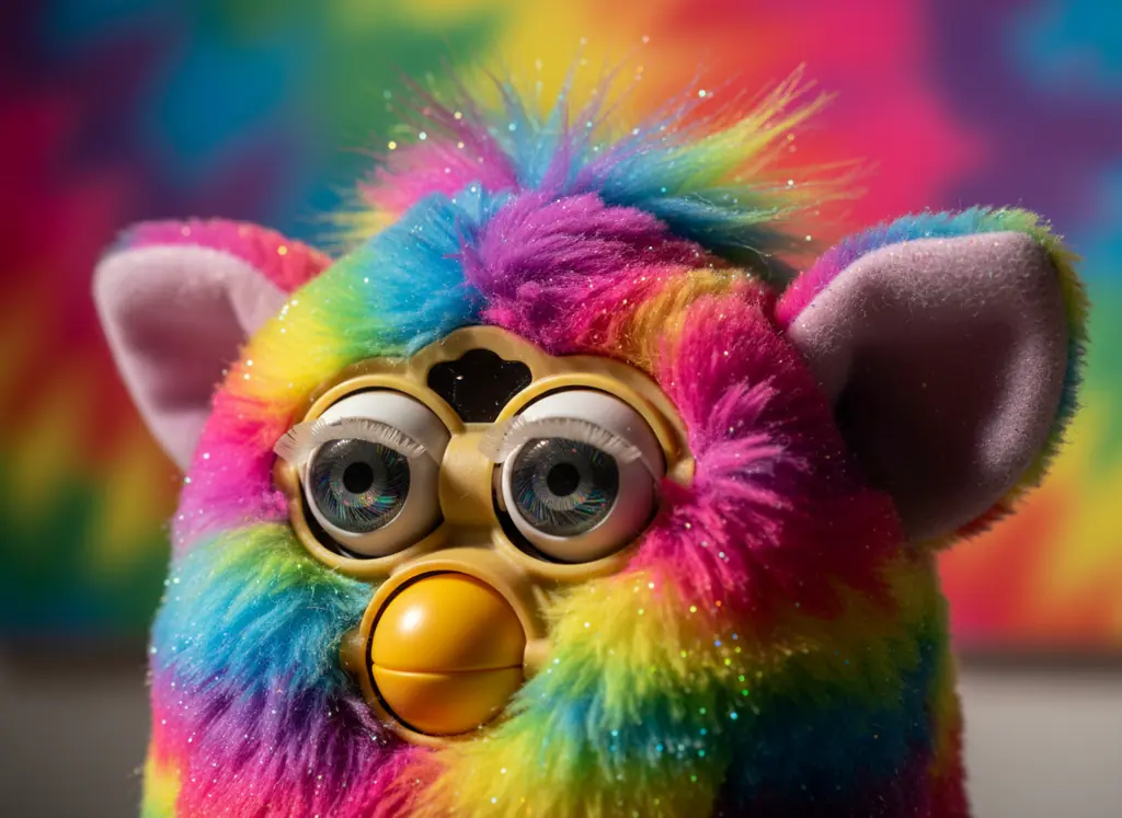 rainbow multicolored furby with unique pattern