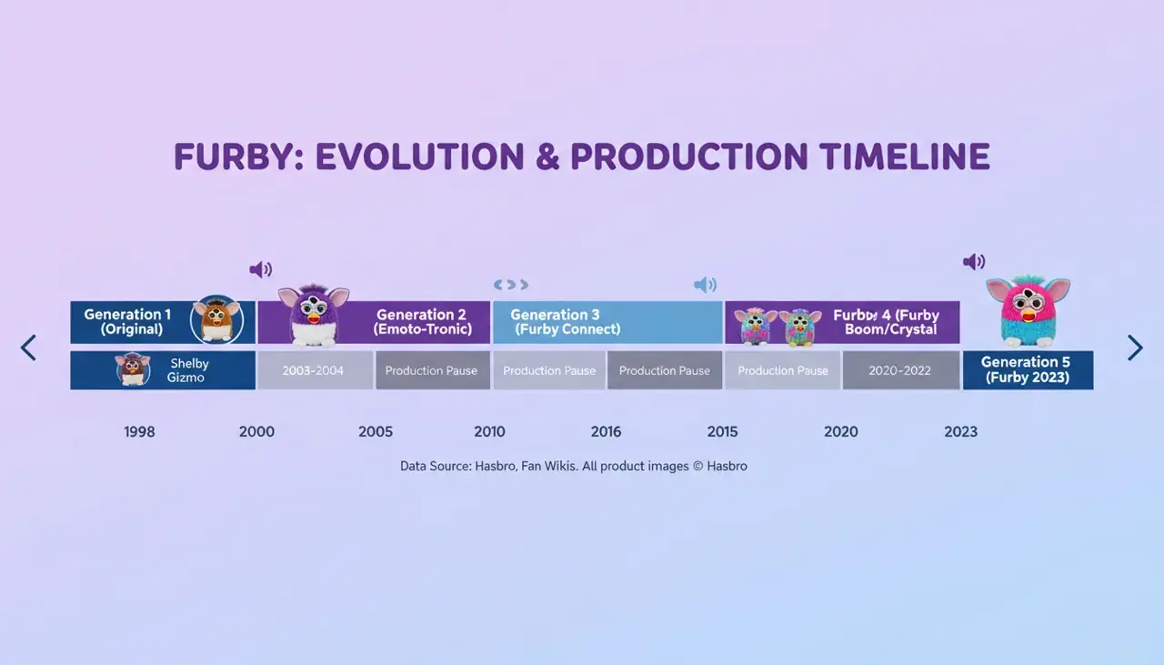 timeline showing furby production cycles and generations from 1998 to today