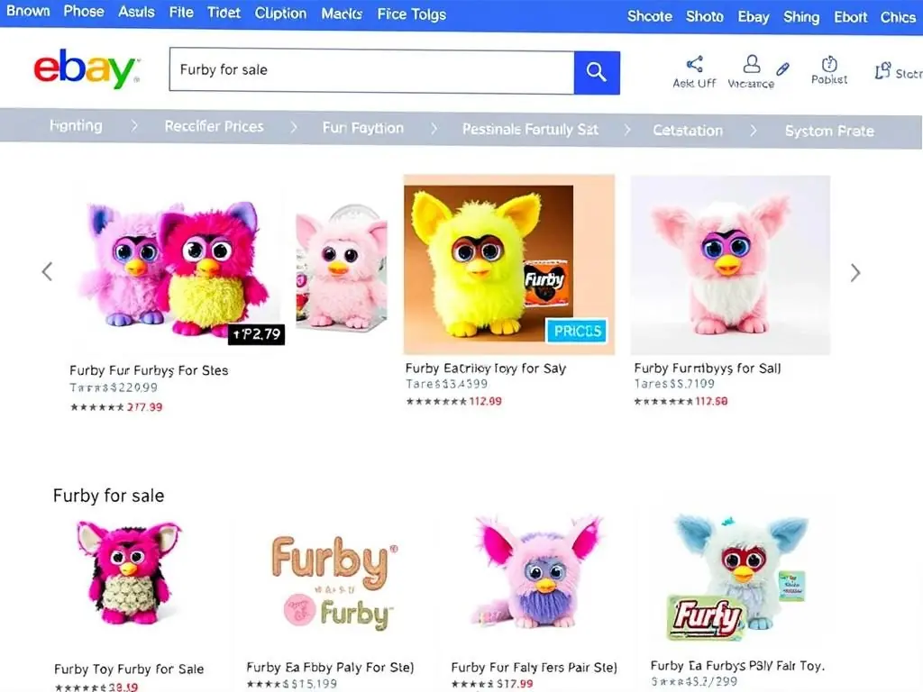 Screenshot of eBay marketplace showing Furby listings for sale