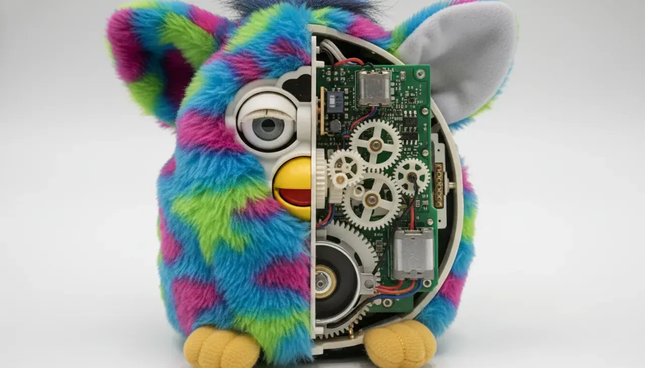 inside a furby showing internal electronic components and colorful exterior