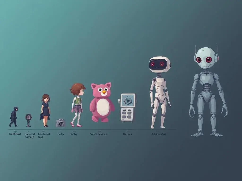 Illustration showing the evolution of technological horror from dolls to AI