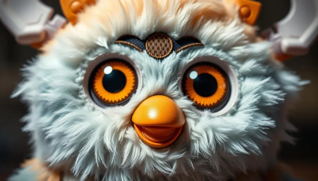 A close-up view of a Furby's unique features, captured in stunning detail. The plush, furry body is rendered with a soft, tactile texture, while the large, expressive eyes gaze directly at the viewer. The robotic ears twitch and move, conveying the Furby's lifelike responsiveness. Intricate stitching and careful shading accentuate the distinctive patterns and colors of the Furby's face, creating a captivating and detailed portrait. The lighting is carefully balanced, casting subtle shadows that add depth and dimension to the image. The overall composition places the Furby's features front and center, allowing the viewer to fully appreciate the unique character of this beloved toy.