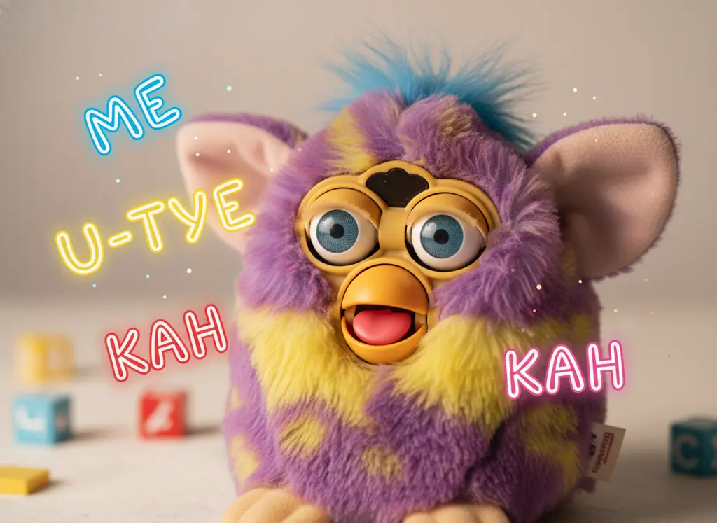 Close-up of Furby speaking with Furbish words displayed
