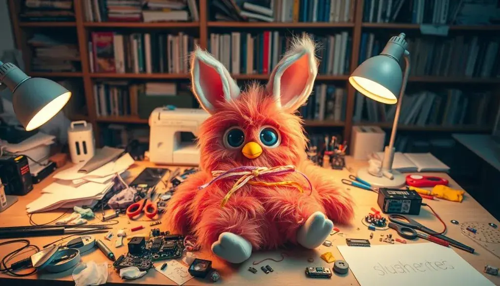A whimsical Furby costume laid out on a cluttered workbench, surrounded by sewing tools, fabric scraps, and an array of electronic components. Soft, plush Furby ears sit atop a half-finished headpiece, while a fuzzy, vibrant body awaits final assembly. Bright desk lamps cast warm, golden light, illuminating the intricate details and creating an atmosphere of focused creativity. In the background, a bookshelf filled with sewing manuals and DIY guides hints at the maker's resourcefulness. The scene conveys the challenges and problem-solving nature of bringing a Furby costume to life, with a touch of playful, imaginative spirit. A whimsical Furby costume laid out on a cluttered workbench, surrounded by sewing tools, fabric scraps, and an array of electronic components. Soft, plush Furby ears sit atop a half-finished headpiece, while a fuzzy, vibrant body awaits final assembly. Bright desk lamps cast warm, golden light, illuminating the intricate details and creating an atmosphere of focused creativity. In the background, a bookshelf filled with sewing manuals and DIY guides hints at the maker's resourcefulness. The scene conveys the challenges and problem-solving nature of bringing a Furby costume to life, with a touch of playful, imaginative spirit.