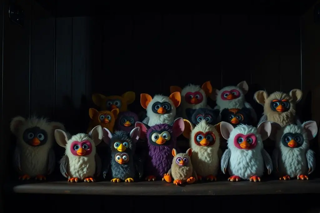 A collection of Furby toys arranged in a creepy manner on a shelf, with shadows creating an are furbies haunted atmosphere