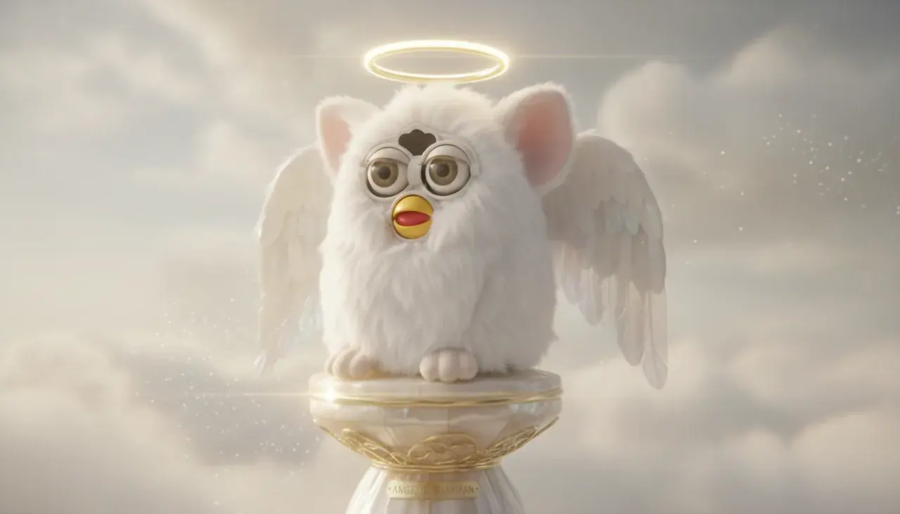 Angel Furby with white fur golden halo and angel wings