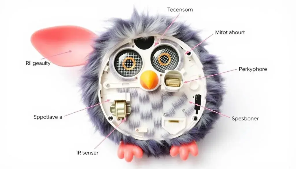 Diagram showing the sensors and components of a furby without fur
