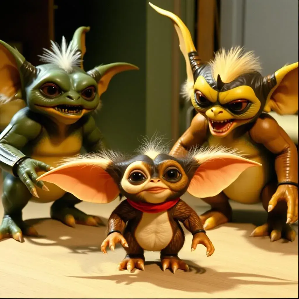 Gizmo and evil Gremlins showing the contrast between cute and monstrous characters Gizmo and evil Gremlins showing the contrast between cute and monstrous characters