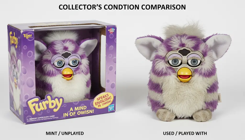 vintage Furby condition comparison showing mint versus used specimens