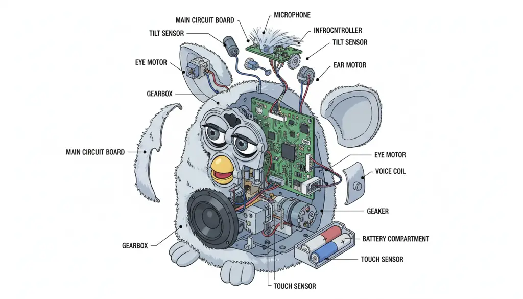 furby internal electronics and components showing technical complexity