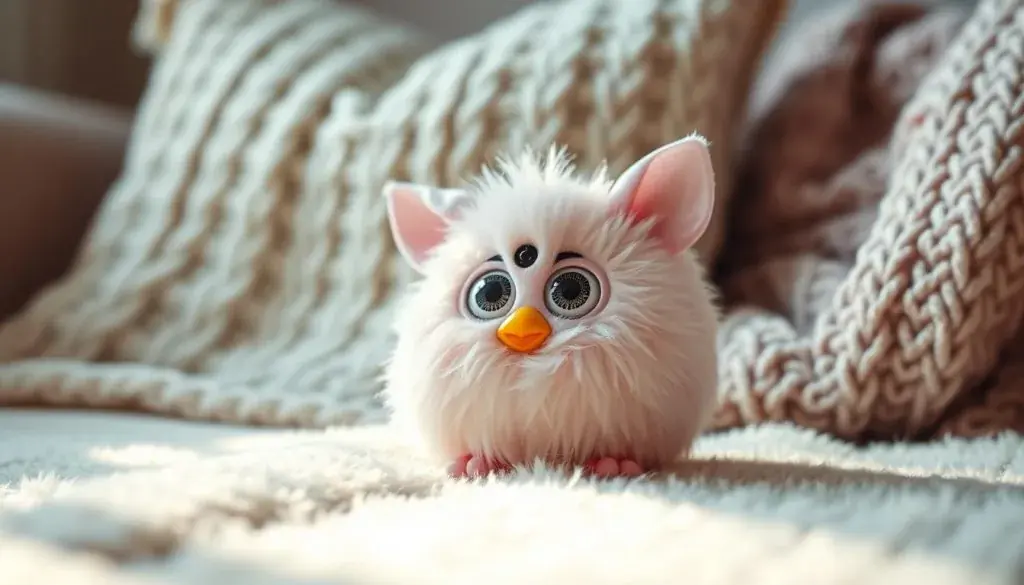 A cute and collectible Furby keychain rests on a soft, plush surface in a warm, cozy environment. The Furby's large, expressive eyes and fuzzy, pastel-colored fur draw the viewer's attention, creating a sense of whimsy and delight. The keychain is positioned in the foreground, with a blurred background of comfy pillows and a cozy knit blanket, suggesting a homey, intimate setting. Lighting is soft and diffused, creating a gentle, nurturing atmosphere. The image captures the Furby keychain's charming appeal and its ability to add a touch of playfulness to any accessory collection.