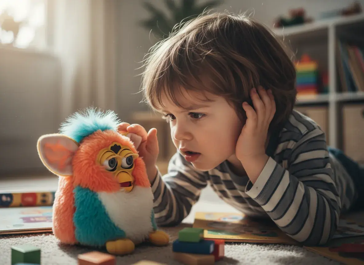 Child practicing active listening with Furby