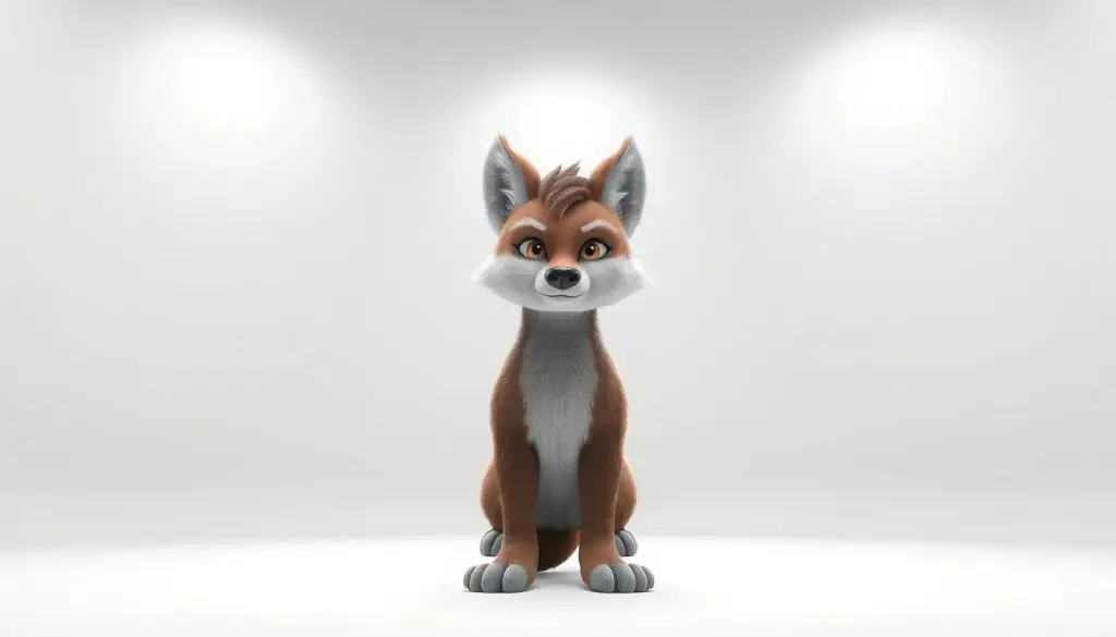 A digitally rendered anthropomorphic animal character, a fursona, standing in a well-lit studio setting. The fursona is in the foreground, facing the camera with a neutral, confident expression. Detailed fur textures, distinctive facial features, and expressive eyes convey a sense of individuality and personality. The background is a minimalist, clean white space, allowing the fursona to be the central focus. Soft, even lighting from multiple angles creates depth and highlights the fursona's form. The pose and composition suggest self-expression, introspection, and a exploration of one's identity.