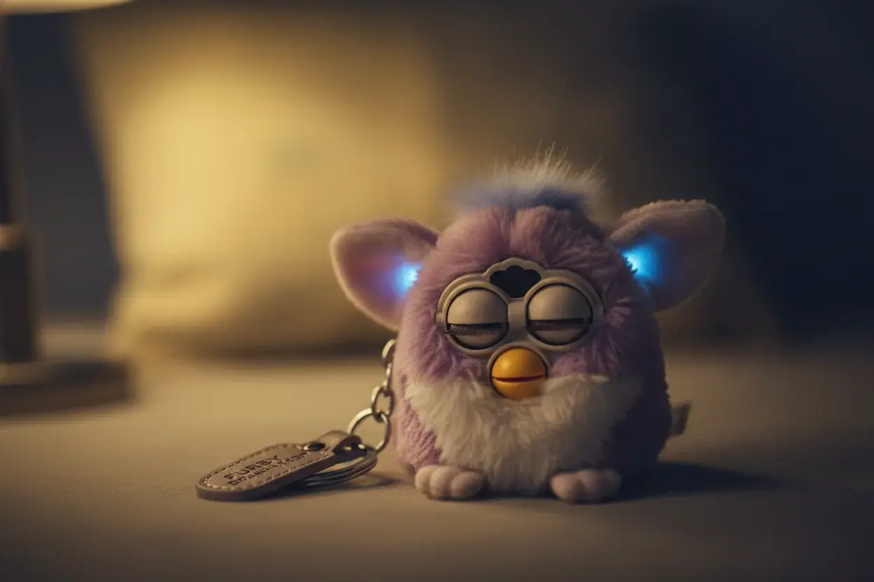 Furby keychain in sleep mode showing battery conservation features