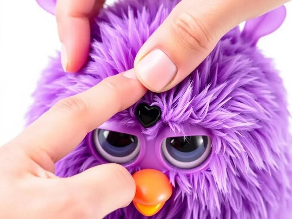 Hand demonstrating how to turn off a 2023 Furby toy by pressing the heart gem three times