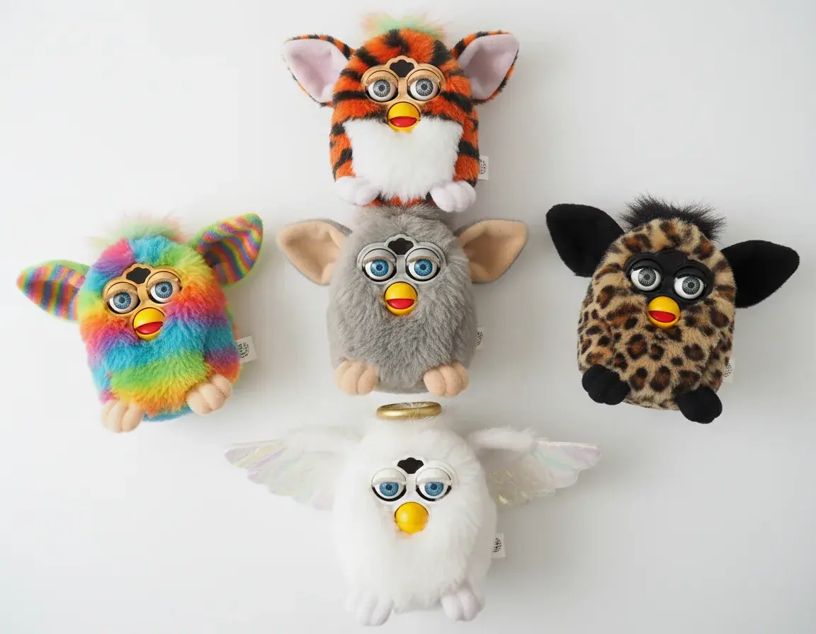 Multiple 1998 Furby variants showing price differences in vintage Furby toys