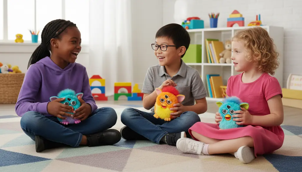 Group of children playing together with multiple Furby toys