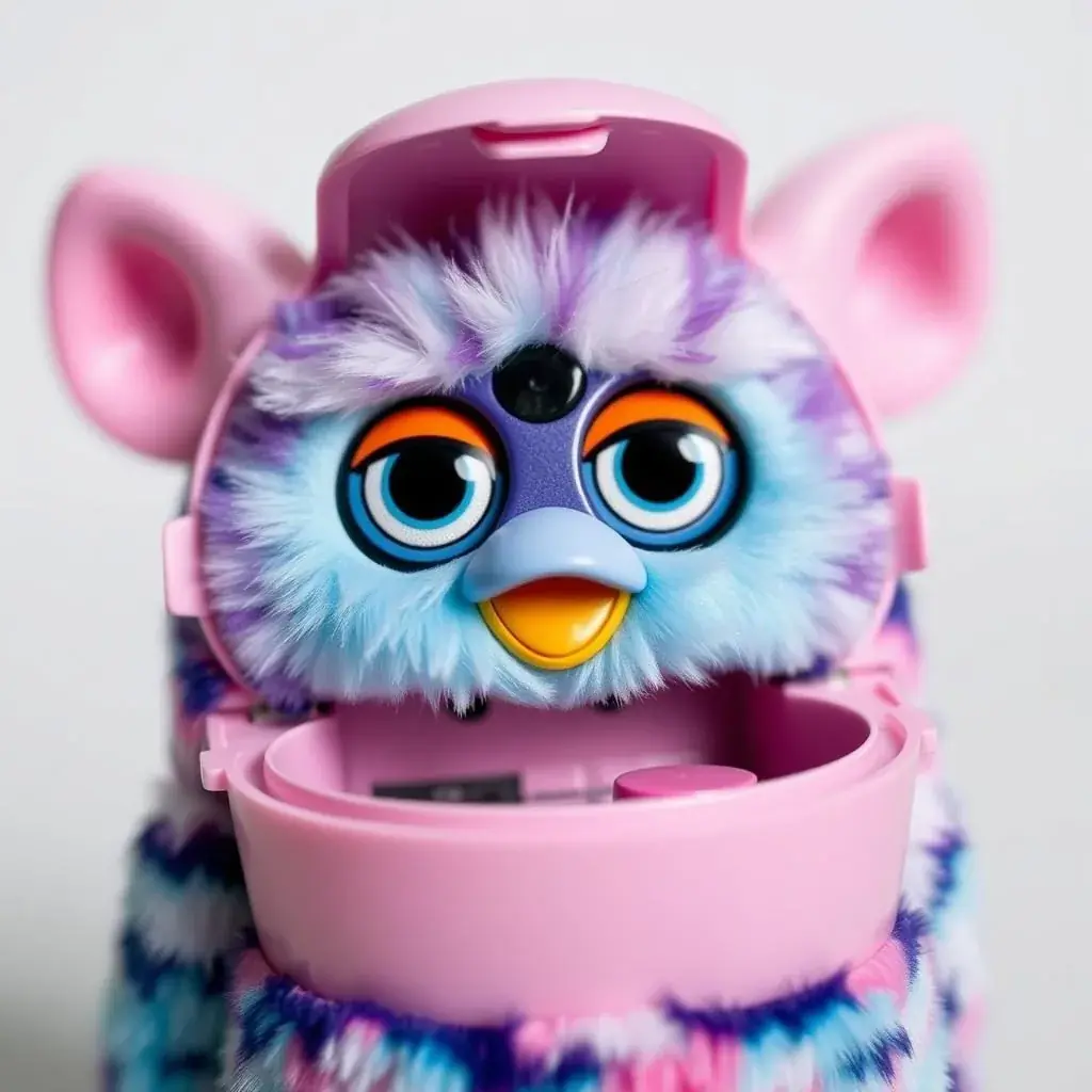 Shelby Furby with its shell open showing the colorful interior and expressive eyes