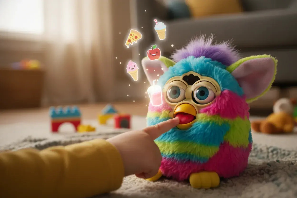 child feeding virtual food to Furby through finger sensor interaction