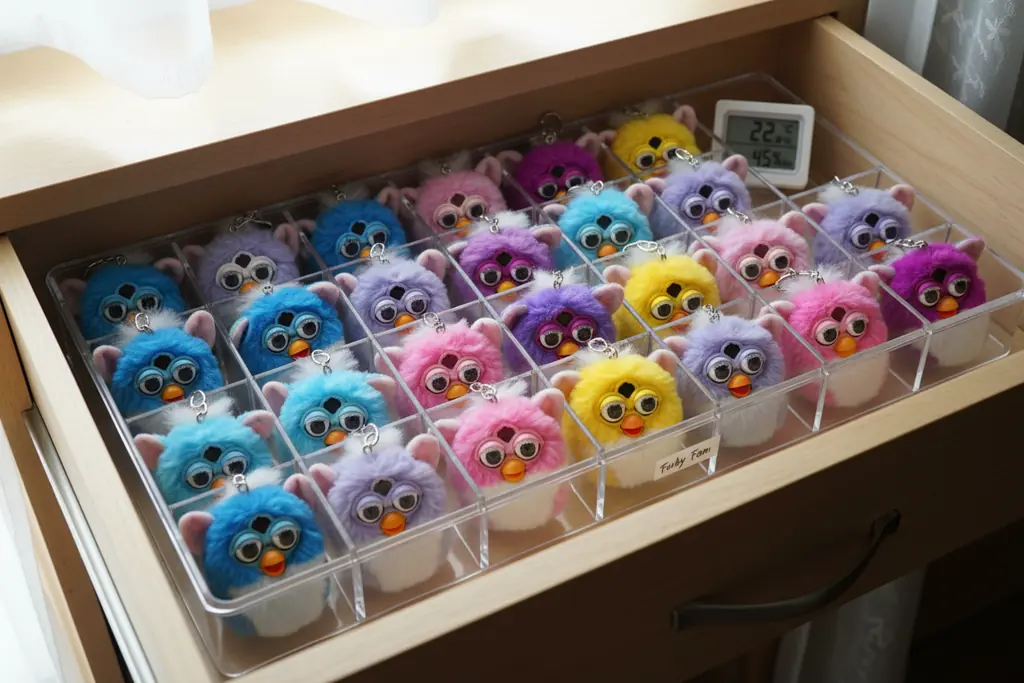 proper furby keychain storage environment showing ideal conditions