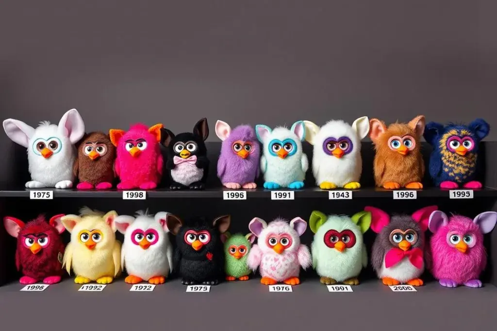 Collection of various Furby models showing design evolution compared to original Gizmo inspiration Collection of various Furby models showing design evolution compared to original Gizmo inspiration