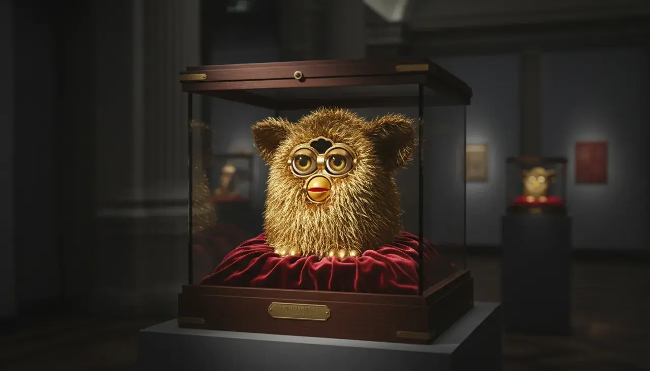 Gold Furby displayed in luxury presentation with elegant lighting