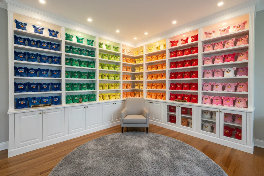 Beautifully curated Furby collection displayed in organized shelving