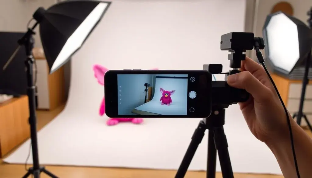 Professional photography setup for selling a 1998 Furby to maximize its worth online