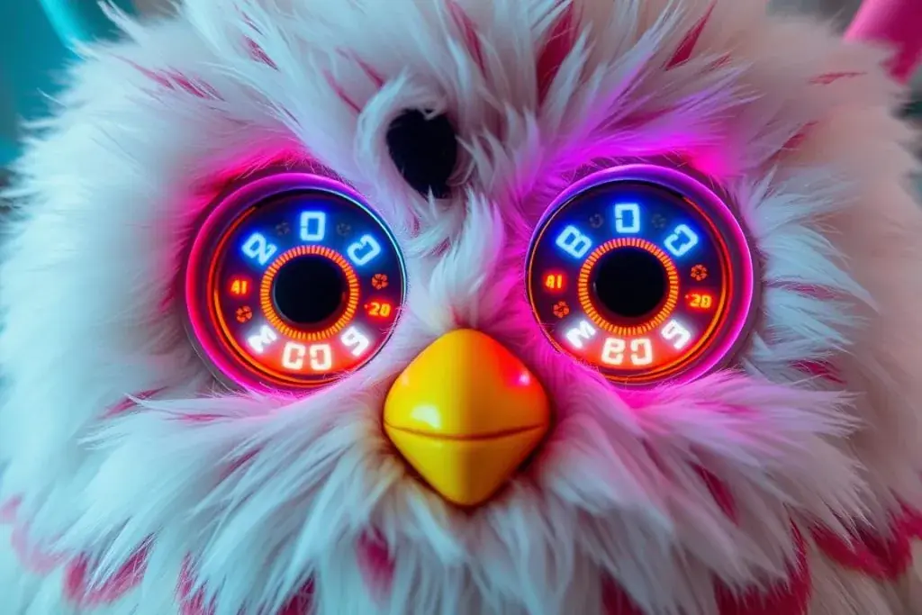 Close-up of Furby's expressive LCD eyes showing different emotions Close-up of Furby's expressive LCD eyes showing different emotions