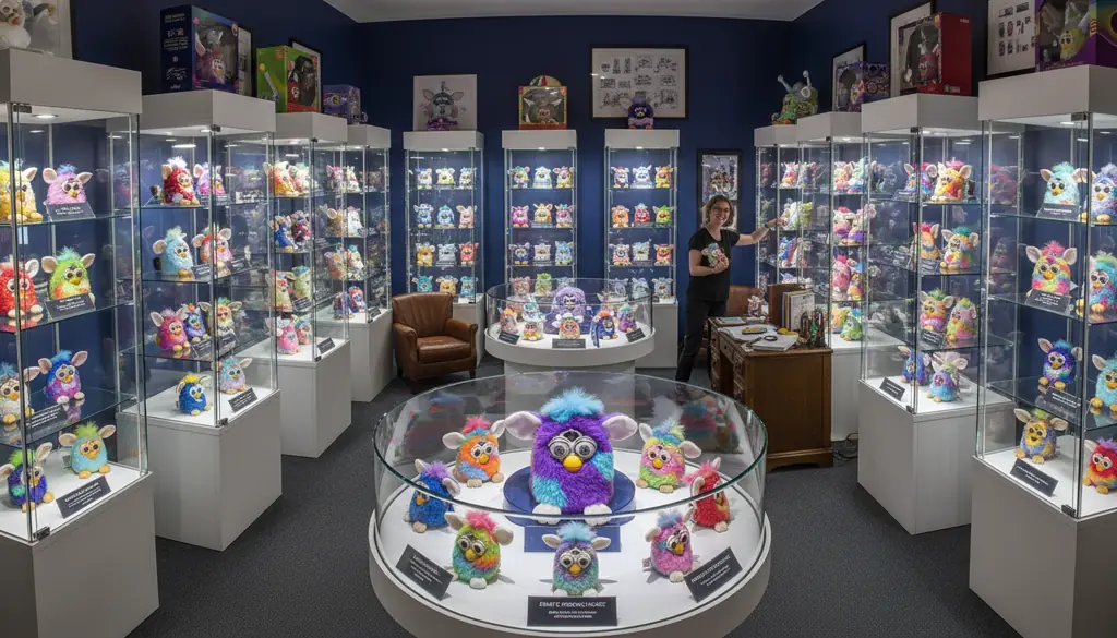 Complete Millennium Furby collection display with mint and used examples