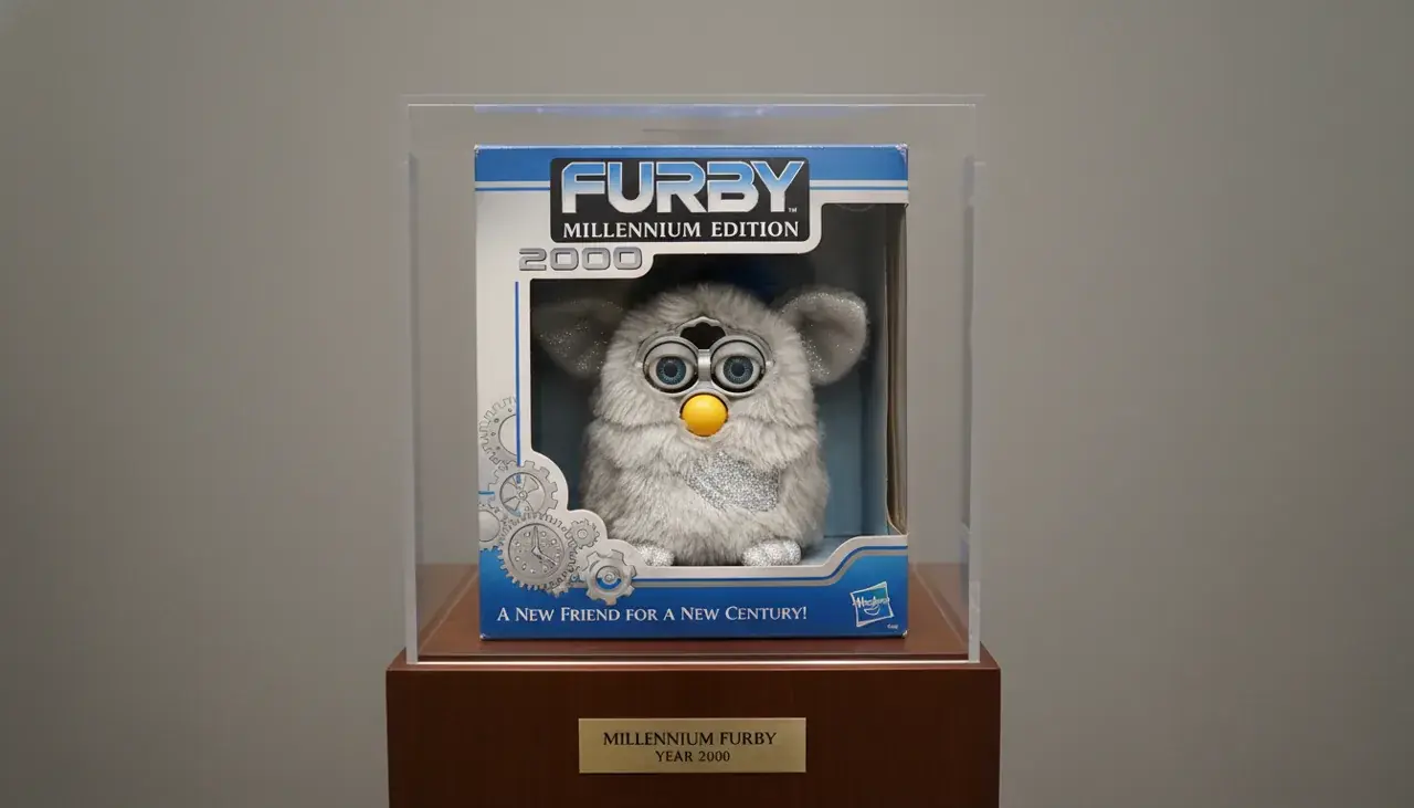 Millennium Furby original packaging and box design showing commemorative artwork and tag